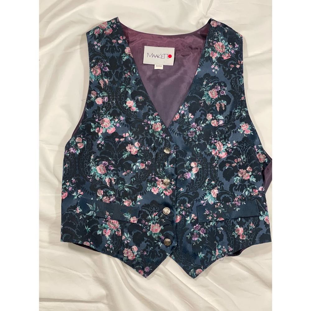 Vintage MAAKETTO Floral Vest Medium Blue Purple 90's